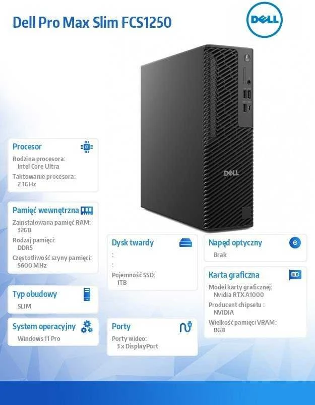 Stacionarus kompiuteris Kompiuteris „Dell Pro MAX SLIM FCS1250“, „Core Ultra 7 265U“, 32 GB, RTX A1000, 1 TB M.2 PCIe“, „Windows 11 Pro“