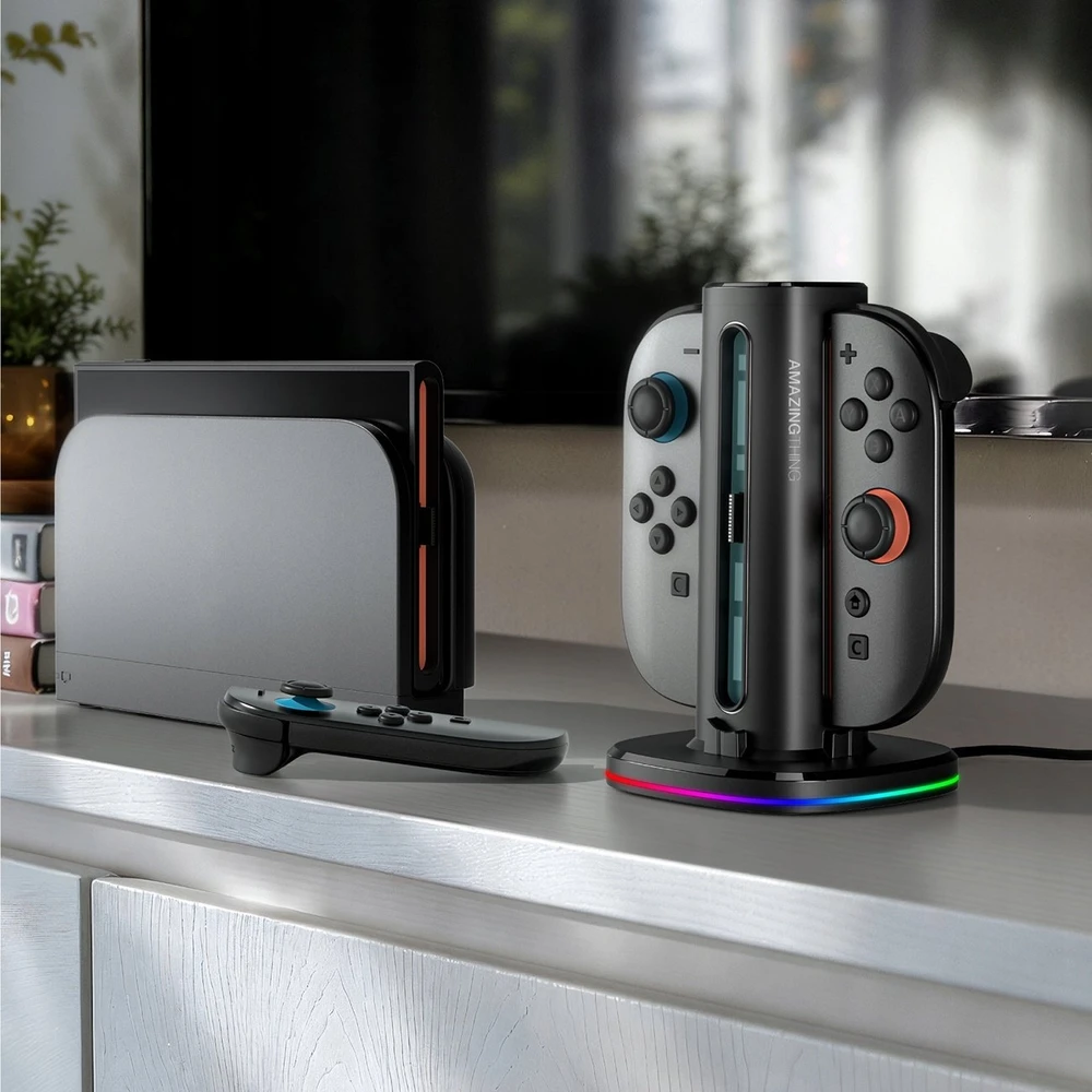 „AmazingThing Thunder Pro PlayDock“ įkroviklis „Nintendo Switch 2“ valdikliams – Juodas