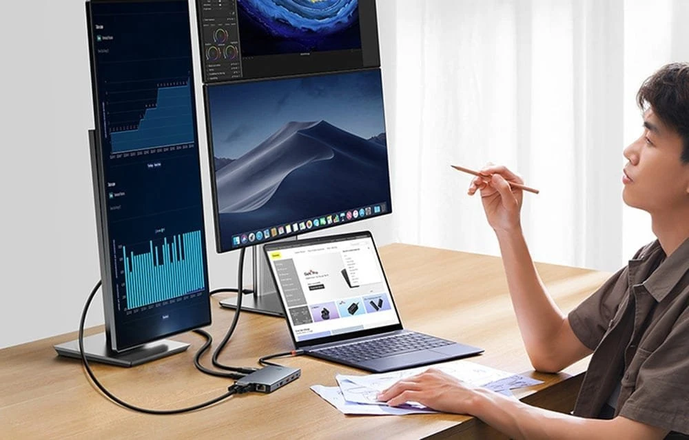 13in1 šakotuvas Baseus PortalJoy USB-C priedas HDMI+DP+VGA+C+USB+PD+RJ45+SD/TF+3.5 mm (pilkas)