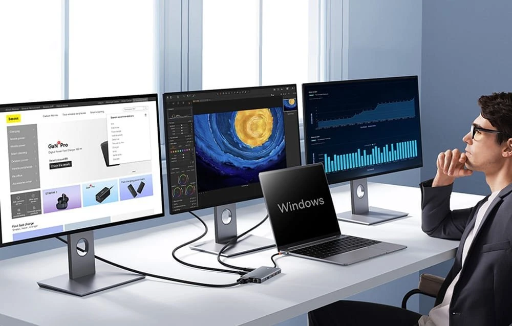 13in1 šakotuvas Baseus PortalJoy USB-C priedas HDMI+DP+VGA+C+USB+PD+RJ45+SD/TF+3.5 mm (pilkas)