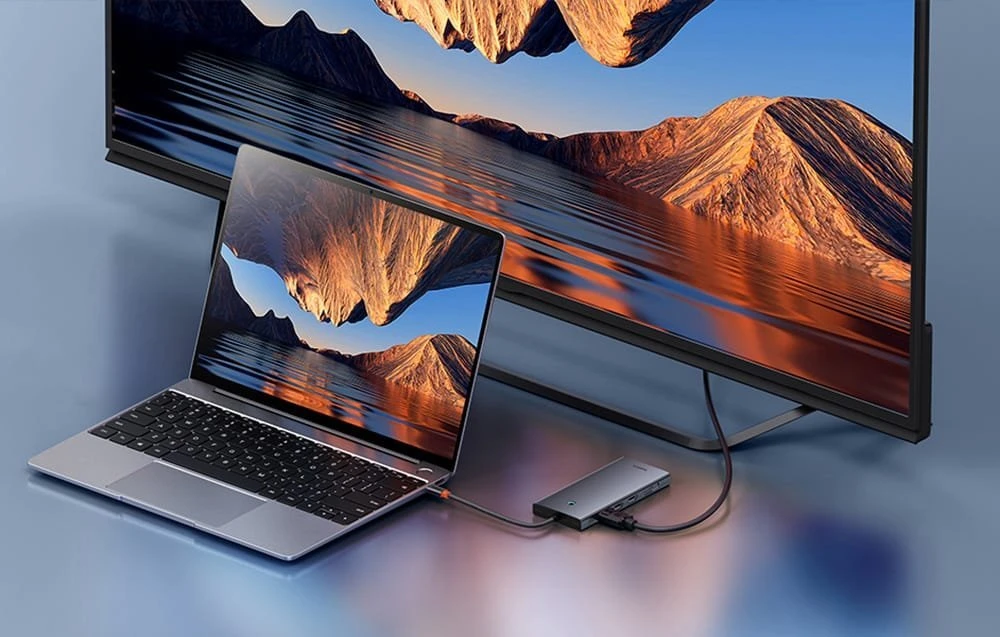 13in1 šakotuvas Baseus PortalJoy USB-C priedas HDMI+DP+VGA+C+USB+PD+RJ45+SD/TF+3.5 mm (pilkas)