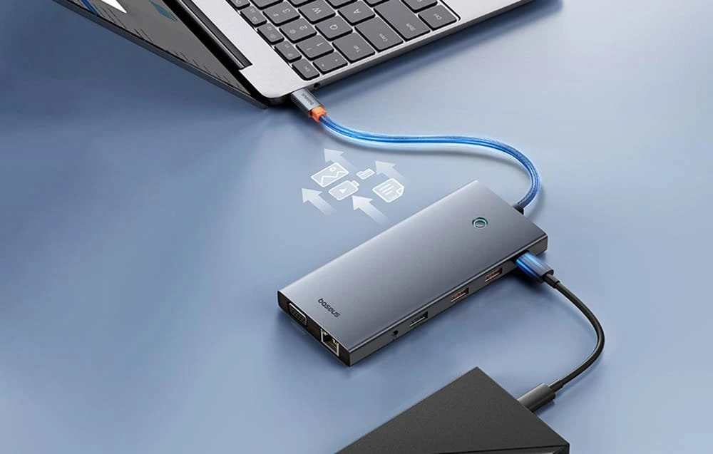 13in1 šakotuvas Baseus PortalJoy USB-C priedas HDMI+DP+VGA+C+USB+PD+RJ45+SD/TF+3.5 mm (pilkas)