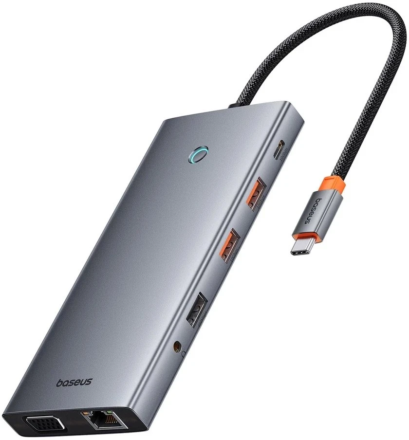 13in1 šakotuvas Baseus PortalJoy USB-C priedas HDMI+DP+VGA+C+USB+PD+RJ45+SD/TF+3.5 mm (pilkas)