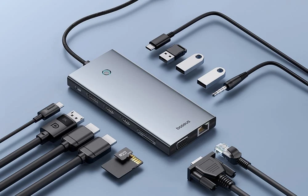 13in1 šakotuvas Baseus PortalJoy USB-C priedas HDMI+DP+VGA+C+USB+PD+RJ45+SD/TF+3.5 mm (pilkas)