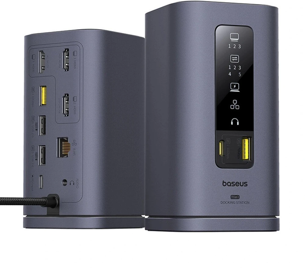 „Baseus Spacemate USB-C 11w1“ | 3x HDMI@60Hz | 2x USB-A 10Gb/s | 1x USB-C 10Gb/s | RJ45 | 2x USB-A | 1x USB-C (PD) | 1x minijungtis 3,5 mm, pilka
