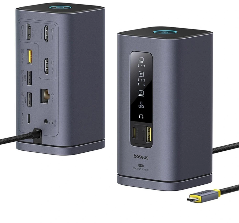 „Baseus Spacemate USB-C 11w1“ | 3x HDMI@60Hz | 2x USB-A 10Gb/s | 1x USB-C 10Gb/s | RJ45 | 2x USB-A | 1x USB-C (PD) | 1x minijungtis 3,5 mm, pilka