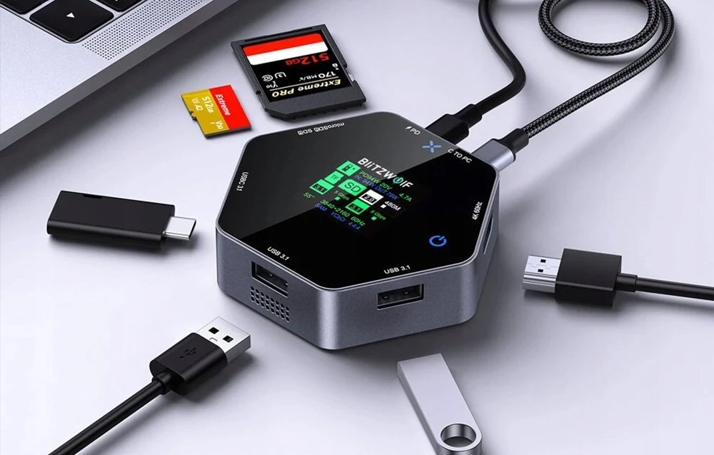 Blitzwolf 8in1 prijungimo stotelė BW-TH16 USB 100W LCD Smart Ekranas