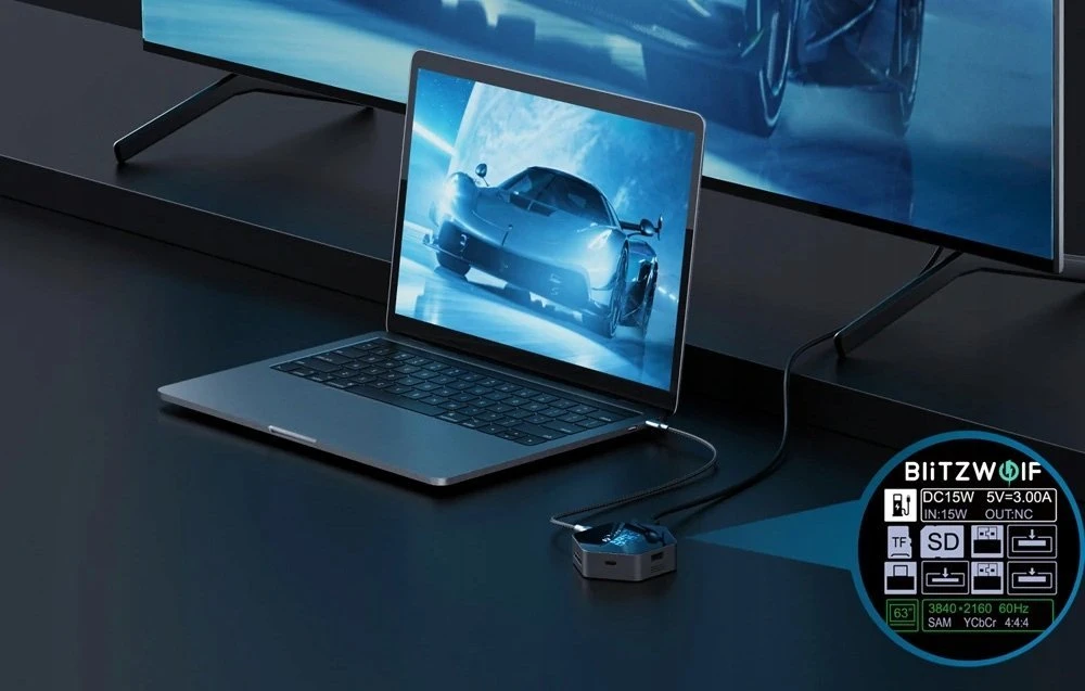 Blitzwolf 8in1 prijungimo stotelė BW-TH16 USB 100W LCD Smart Ekranas
