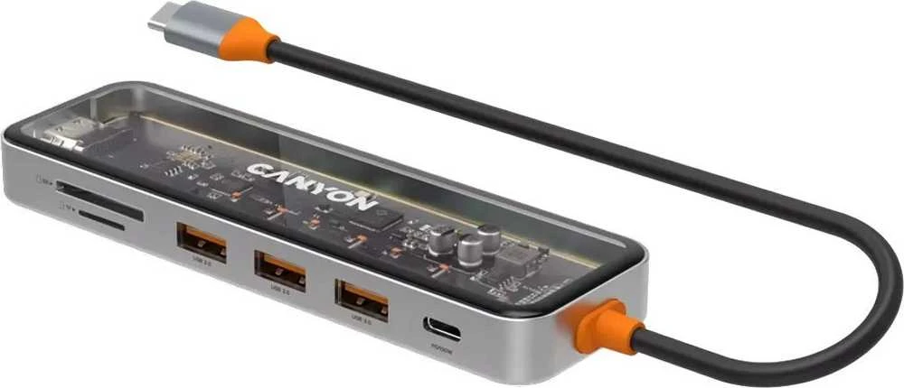 CANYON šakotuvas DS-13 7in1 4k USB-C permatomas erdvės pilkas