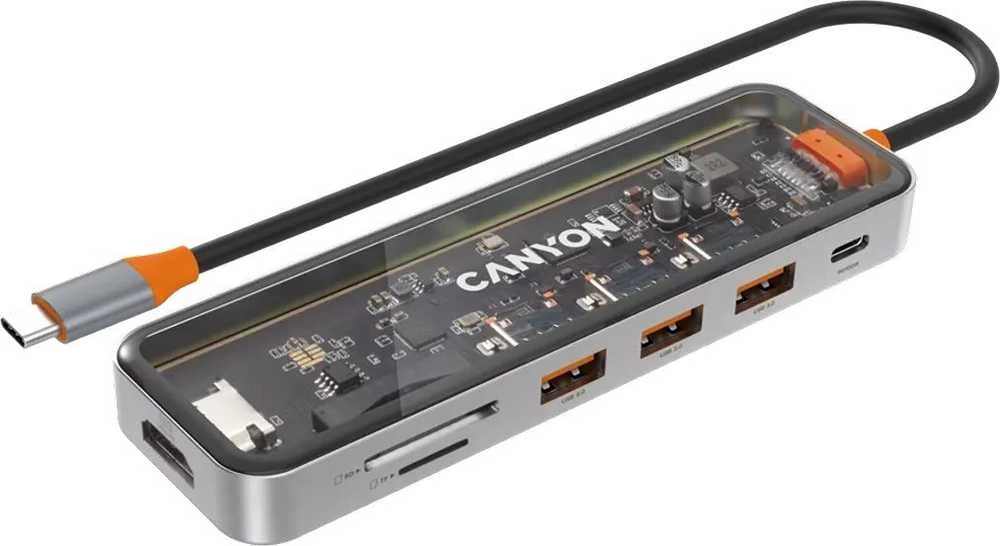CANYON šakotuvas DS-13 7in1 4k USB-C permatomas erdvės pilkas