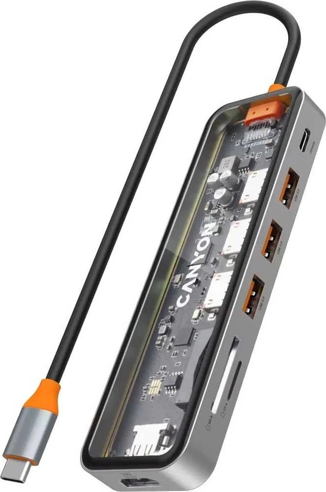 CANYON šakotuvas DS-13 7in1 4k USB-C permatomas erdvės pilkas