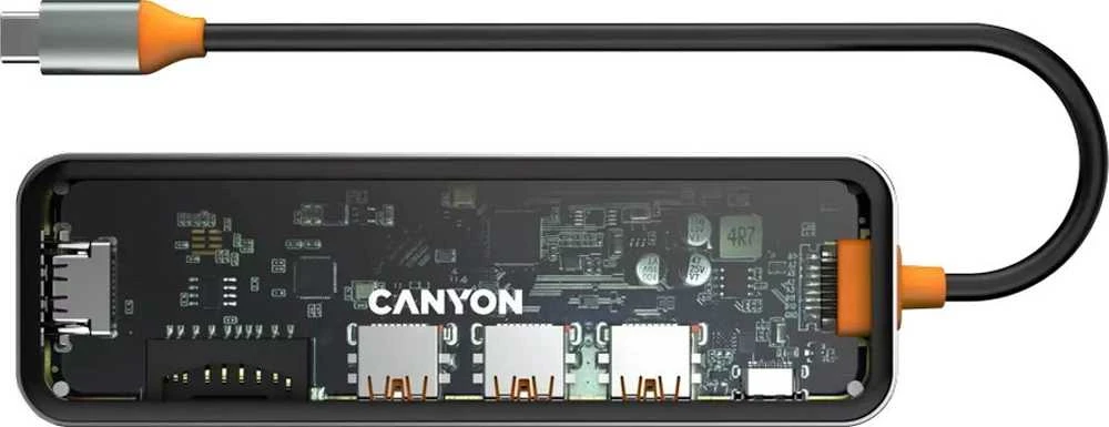 CANYON šakotuvas DS-13 7in1 4k USB-C permatomas erdvės pilkas
