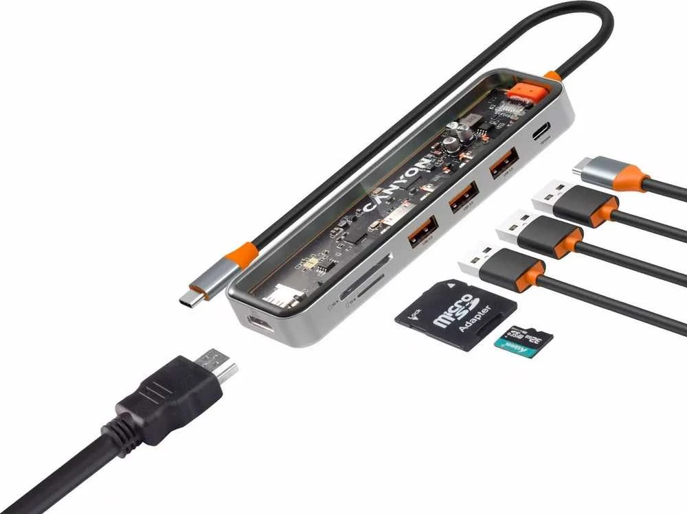 CANYON šakotuvas DS-13 7in1 4k USB-C permatomas erdvės pilkas