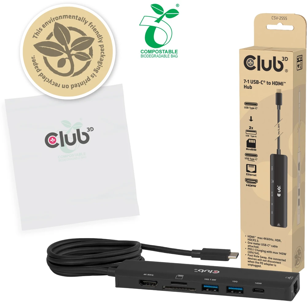 Club 3D „Club3D“ USB-C šakotuvas, 7 viename šakotuvas su 2x USB, 1x HDMI, 1x USB-C PD, RJ45, Micro SD/SD, 140 W, 4K 60 Hz, 1 m kabelis