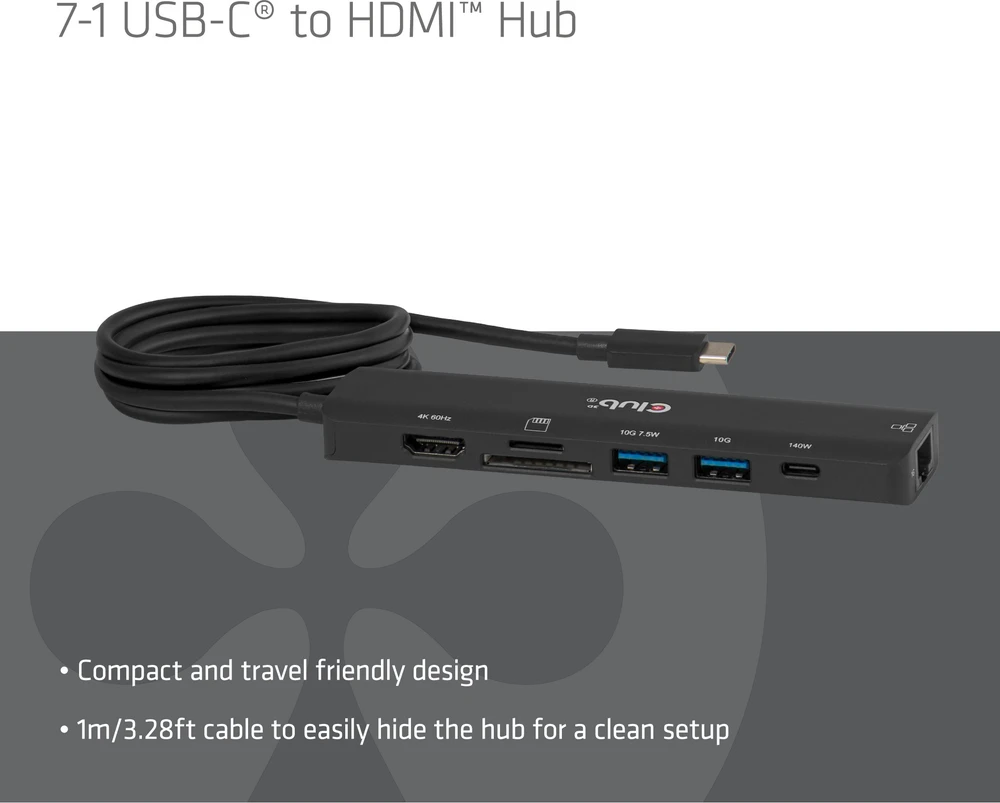 Club 3D „Club3D“ USB-C šakotuvas, 7 viename šakotuvas su 2x USB, 1x HDMI, 1x USB-C PD, RJ45, Micro SD/SD, 140 W, 4K 60 Hz, 1 m kabelis