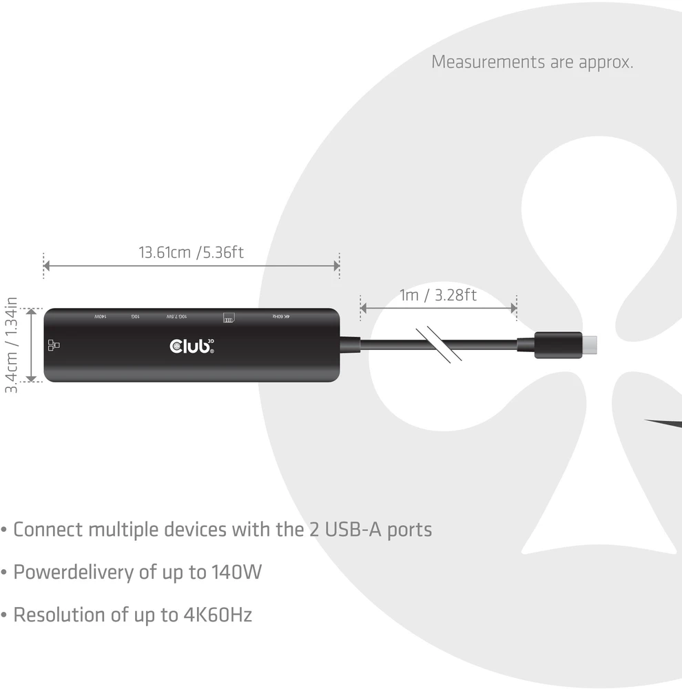Club 3D „Club3D“ USB-C šakotuvas, 7 viename šakotuvas su 2x USB, 1x HDMI, 1x USB-C PD, RJ45, Micro SD/SD, 140 W, 4K 60 Hz, 1 m kabelis