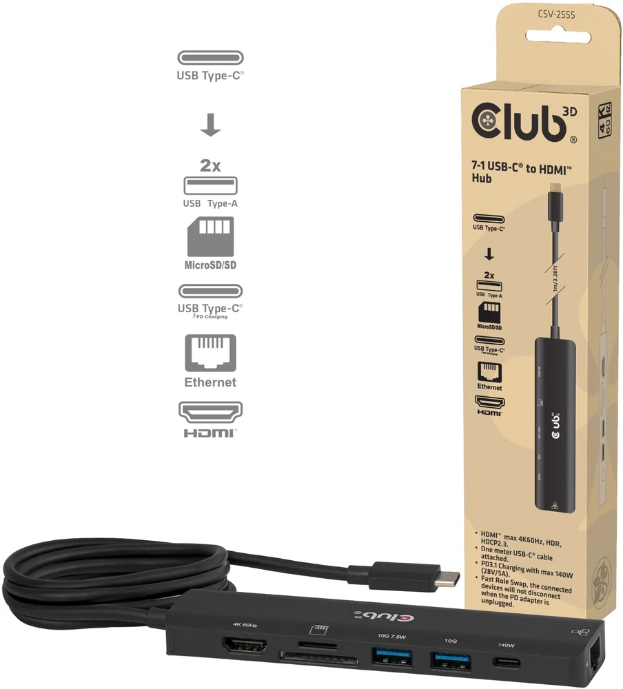 Club 3D USB-C šakotuvas su pakuote ir jungčių schema