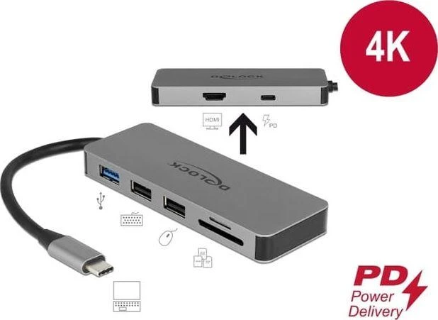 DELOCK USB Type-C prijungimo stotis mobiliesiems įrenginiams 4K – HDMI / Hub / SD / PD 2.0