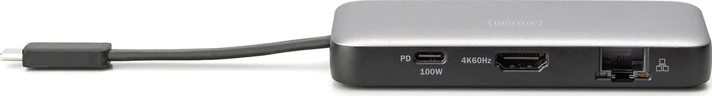 „Digitus Doko“ kelioninė stotelė USB-C 7 prievadų, maks. 4K/60Hz su HDR, HDMI, USB-A 3.2 Gen1, gigabito Ethernet, SD/Micro SD, PD 100W
