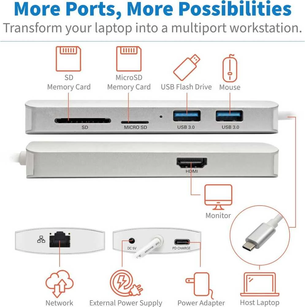 Eaton Tripp Lite USB-C dokas – 4K HDMI, USB 3.2 Gen 1, USB-A/C šakotuvas, GbE, atminties kortelė, 60 W PD įkrovimas