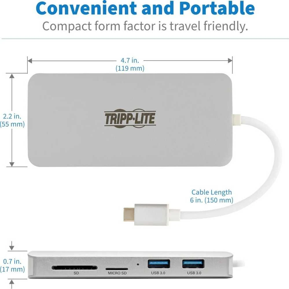 Eaton Tripp Lite USB-C dokas – 4K HDMI, USB 3.2 Gen 1, USB-A/C šakotuvas, GbE, atminties kortelė, 60 W PD įkrovimas