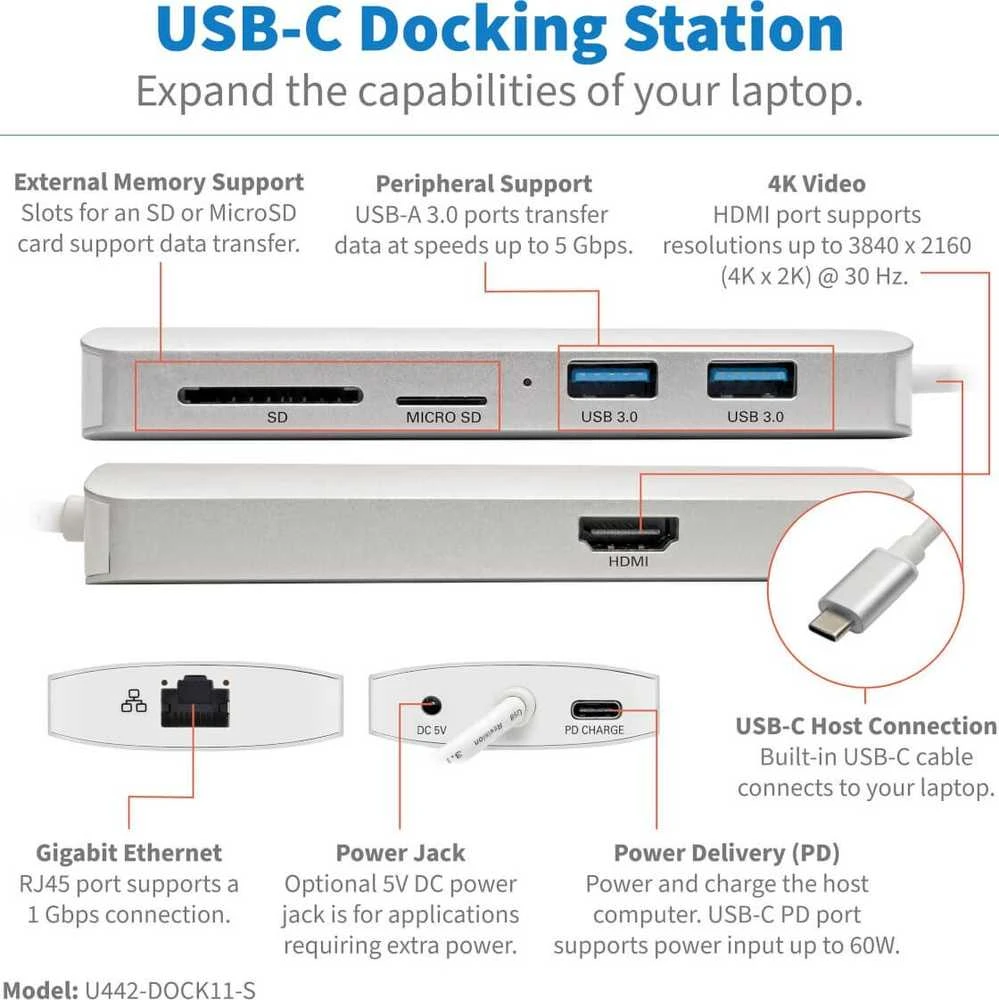 Eaton Tripp Lite USB-C dokas – 4K HDMI, USB 3.2 Gen 1, USB-A/C šakotuvas, GbE, atminties kortelė, 60 W PD įkrovimas
