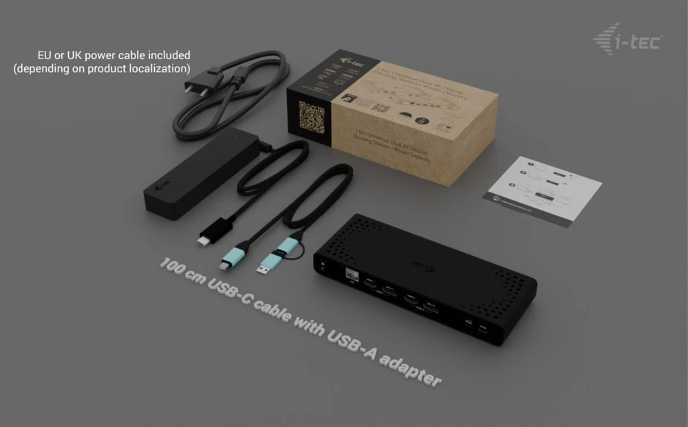 I-TEC universali dviguba 4K Ekrano prijungimo stotelė PD 85W + USB-C įkroviklis 100W