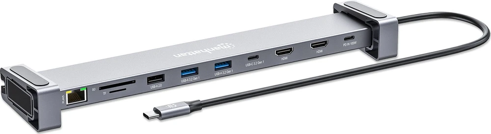 Manhattan 190398 knyginių kompiuterių dokas / jungčių replikatorius Vielinis USB 3.2 Gen 1 (3.1 Gen 1) Type-C Pilka