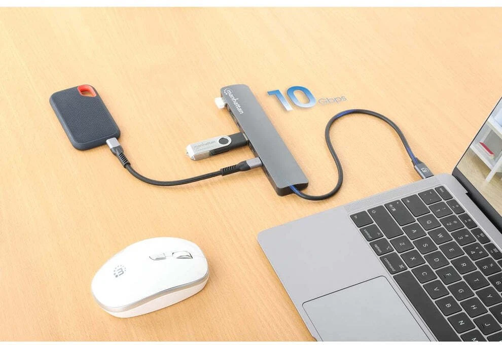 Šakotuvas Manhattan 7 prievadų 10G/5G USB-C/USB-A stotelė/replikatorius su „Power Delivery“ (181167)