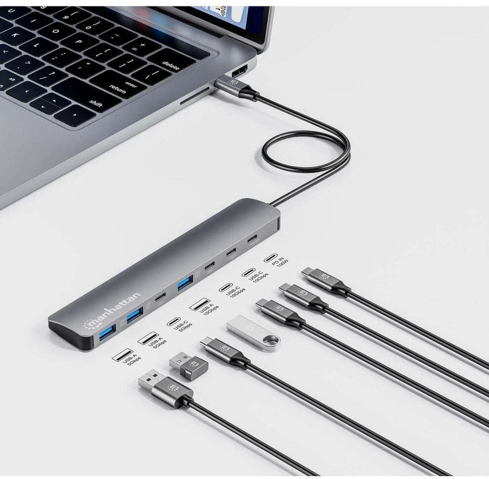 Šakotuvas Manhattan 7 prievadų 10G/5G USB-C/USB-A stotelė/replikatorius su „Power Delivery“ (181167)