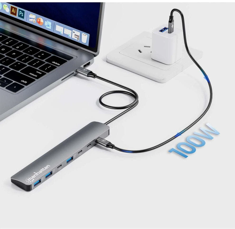 Šakotuvas Manhattan 7 prievadų 10G/5G USB-C/USB-A stotelė/replikatorius su „Power Delivery“ (181167)