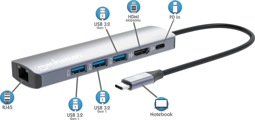 Šakotuvas Manhattan 153959 knyginių kompiuterių dokas / jungčių replikatorius Vielinis USB 3.2 Gen 1 (3.1 Gen 1) Type-C Sidabras