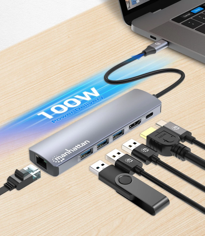 Šakotuvas Manhattan 153959 knyginių kompiuterių dokas / jungčių replikatorius Vielinis USB 3.2 Gen 1 (3.1 Gen 1) Type-C Sidabras