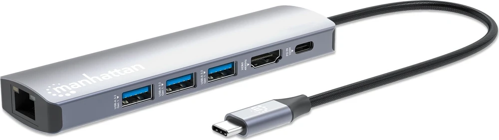 Šakotuvas Manhattan 153959 knyginių kompiuterių dokas / jungčių replikatorius Vielinis USB 3.2 Gen 1 (3.1 Gen 1) Type-C Sidabras