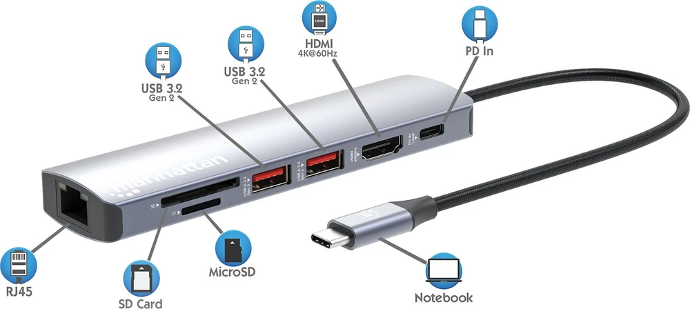 Šakotuvas Manhattan 153966 knyginių kompiuterių dokas / jungčių replikatorius Vielinis USB 3.2 Gen 2 (3.1 Gen 2) Type-C Sidabras