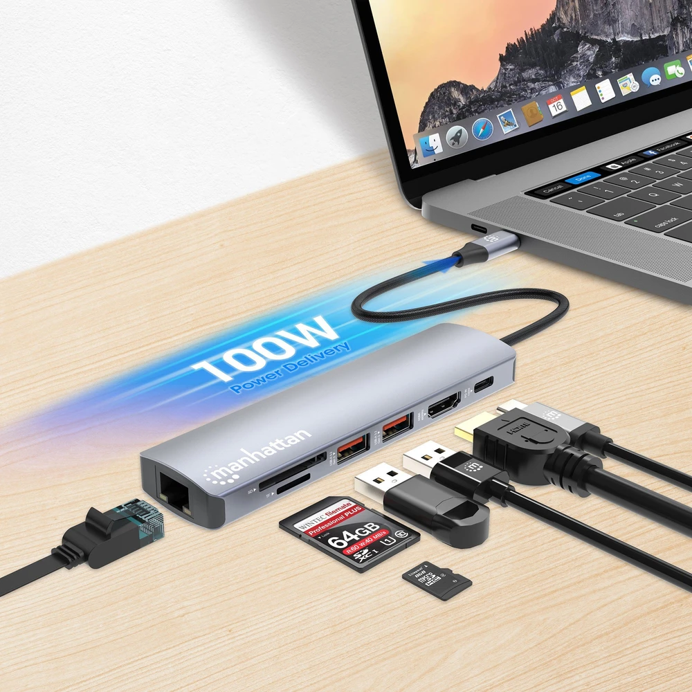 Šakotuvas Manhattan 153966 knyginių kompiuterių dokas / jungčių replikatorius Vielinis USB 3.2 Gen 2 (3.1 Gen 2) Type-C Sidabras