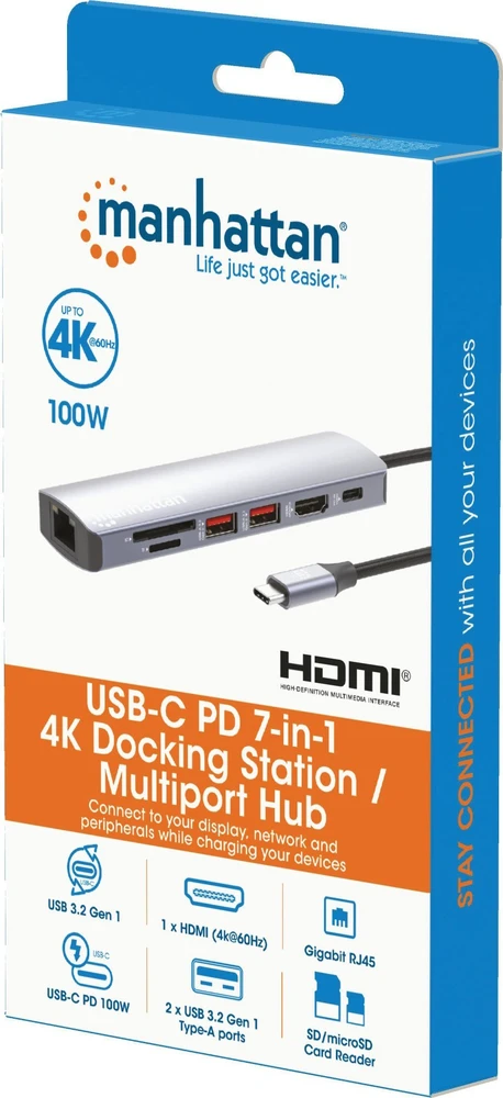 Šakotuvas Manhattan 153966 knyginių kompiuterių dokas / jungčių replikatorius Vielinis USB 3.2 Gen 2 (3.1 Gen 2) Type-C Sidabras