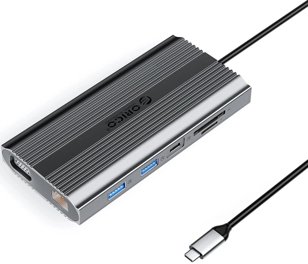 „Orico“ USB-C 12w1 | USB-A | USB-C PD 100W | HDMI 4K | VGA | RJ45 Gigabit - pilka