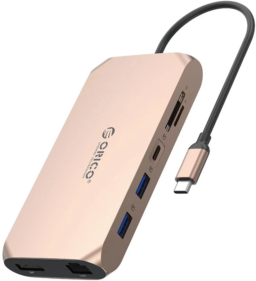 Orico XCR 12in1 USB-C Docking Station 2x USB-A 3.1 1x USB-A 2.0 1x USB-C PD 100W 1x USB-C 3.1 2x HDMI 2.0 4K 60Hz 1x DisplayPort 1.4 4K 60Hz 1x SD 3.0 1x Micro SD 3.0 1x RJ45 Gigabit Ethernet 1x CTIA audio 3.5mm - rose auksinis