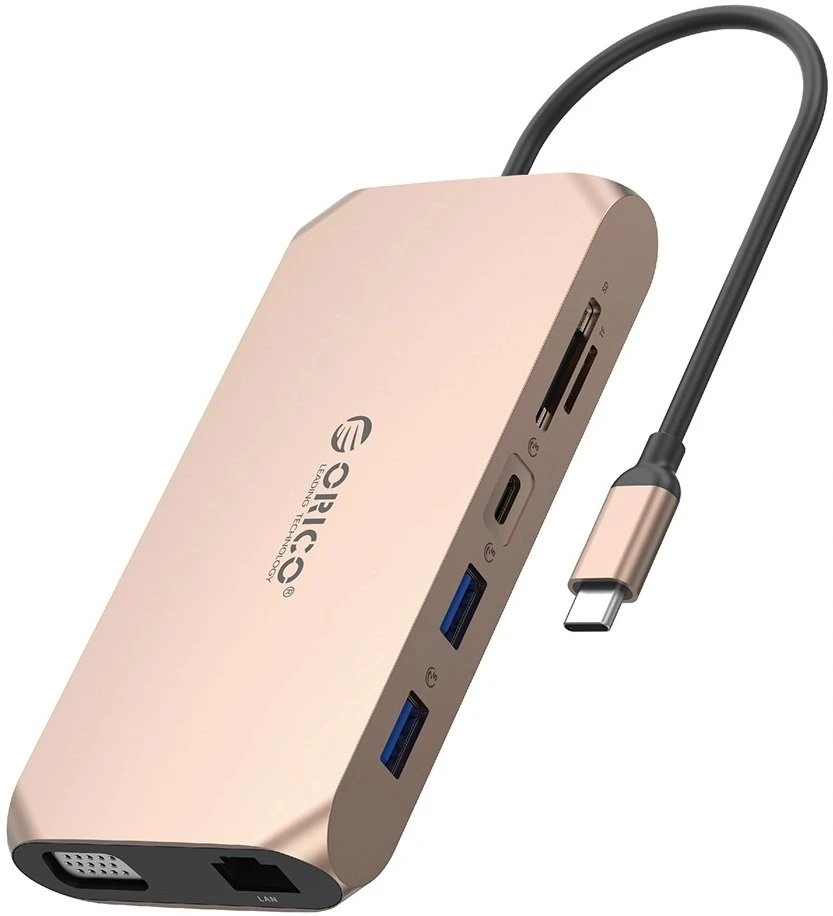 Orico XCR 12in1 USB-C Docking Station 3x USB-A 3.1 1x USB-A 2.0 1x USB-C PD 100W 1x USB-C 3.1 1x HDMI 1.4 4K 30 Hz 1x VGA 1080p 1x SD 3.0 1x Micro SD 3.0 1x RJ45 Gigabit Ethernet 1x audio CTIA 3.5mm - Rose Gold