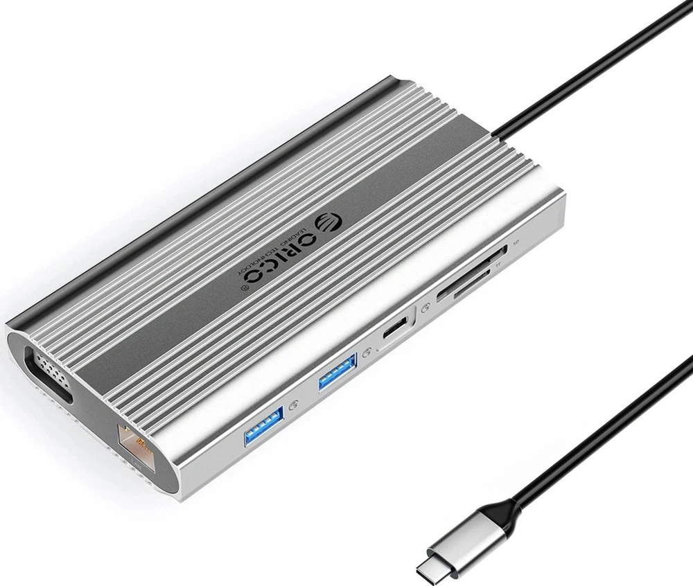 Orico USB-C 12w1 | USB-A | USB-C PD 100W | HDMI 4K | VGA | RJ45 Gigabit - sidabrinė
