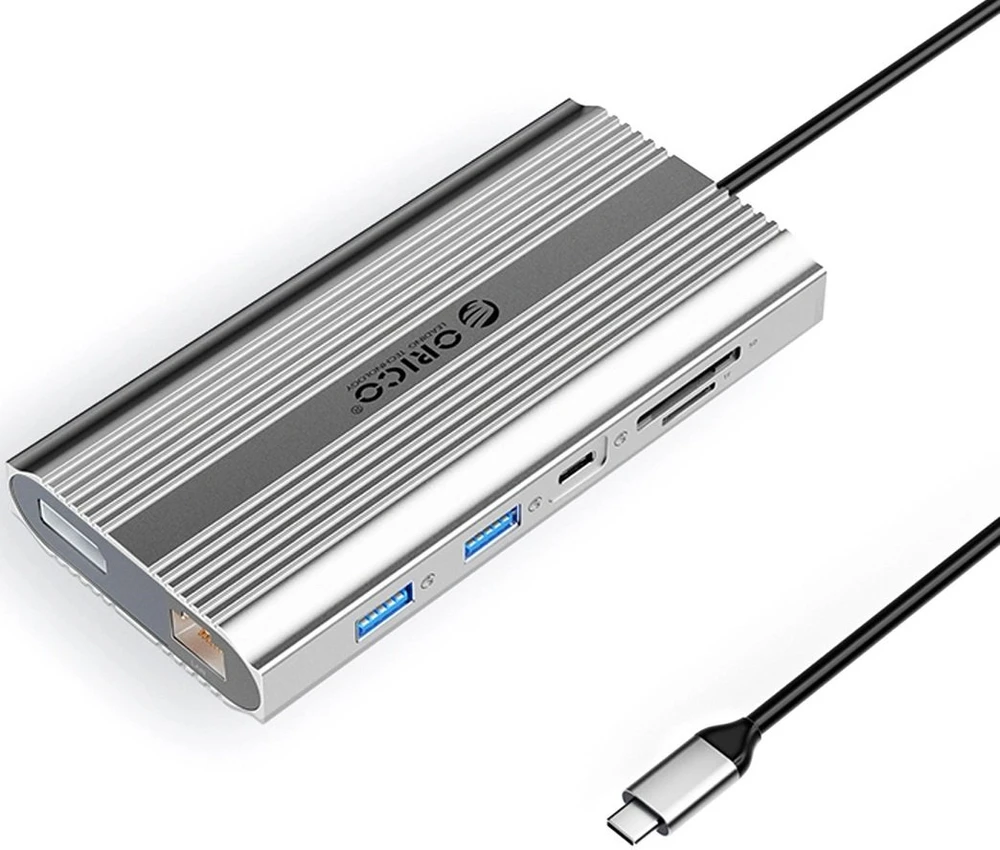 Orico USB-C 12w1 | USB-A | USB-C PD 100W | 2x HDMI 4K 60Hz | DisplayPort 4K 60Hz | RJ45 Gigabit - sidabrinė