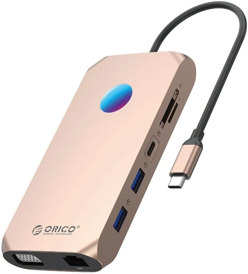 Orico XCR 12in1 RGB USB-C Docking Station 3x USB-A 3.1 1x USB-A 2.0 1x USB-C PD 100W 1x USB-C 3.1 1x HDMI 1.4 4K 30Hz 1x VGA 1080p 1x Micro SD/SD 3.0 1x RJ Gigabit Ethernet 1x Audio CTIA 3.5mm - Rose Gold