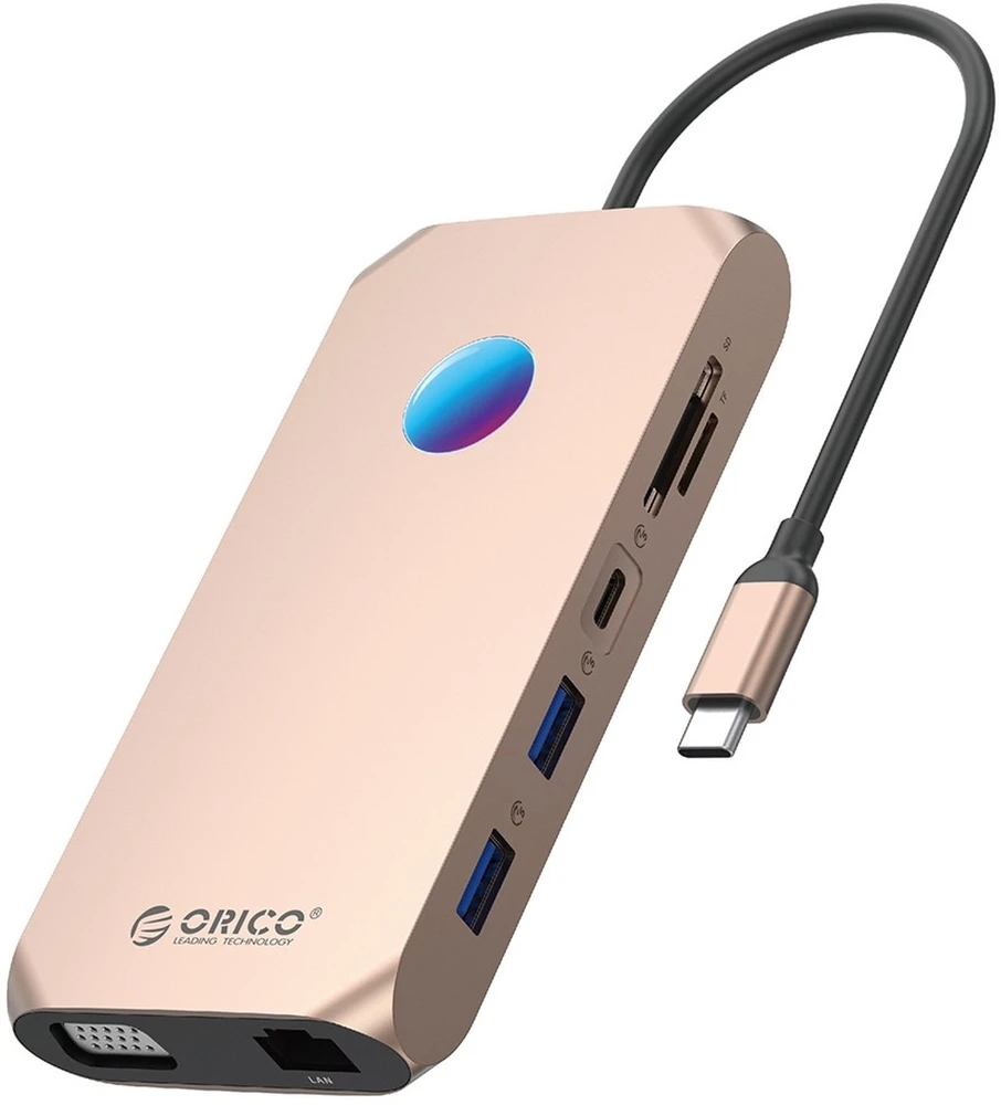 Orico USB-C 12in1 RGB | 2x USB-A 3.1 | 1x USB-A 2.0 | USB-C PD 100W | 1x USB-C 3.1 | 2x HDMI 2.0 4K 60Hz | 1x VGA | 1x Micro SD/SD 3.0 | 1x RJ Gigabit | 1x Garso jungtis - rožinio aukso spalvos