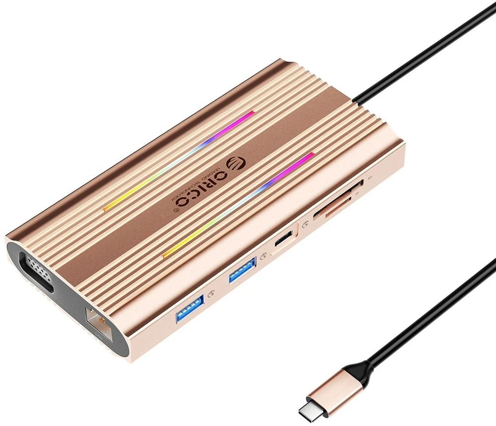 Orico USB-C 12w1 RGB | 2xUSB-A | 1xUSB-C PD 100W | 2x HDMI 4K 60Hz | 1xVGA | 1xRJ45 Gigabit - rožinė-auksinė
