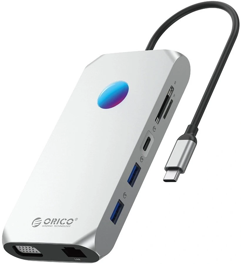 Orico USB-C 12w1 RGB | 3x USB-A 3.1 | 1x USB-A 2.0 | USB-C PD 100W | 1x USB-C 3.1 | 1x HDMI 1.4 4K 30Hz | 1x VGA 1080p | 1x Micro SD/SD 3.0 | 1x RJ Gigabit | 1x Audio - sidabrinė