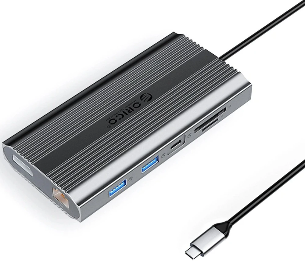 „Orico“ USB-C 12w1 | USB-A | USB-C PD 100W | 2x HDMI 4K 60Hz | DisplayPort 4K 60Hz | RJ45 Gigabit - pilka