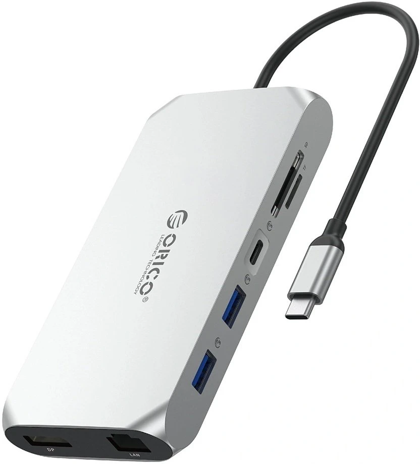 Orico XCR 12in1 USB-C Docking Station 2x USB-A 3.1 1x USB-A 2.0 1x USB-C PD 100W 1x USB-C 3.1 2x HDMI 2.0 4K 60 Hz 1x DisplayPort 1.4 4K 60 Hz 1x SD 3.0 1x Micro SD 3.0 1x RJ45 Gigabit Ethernet 1x audio CTIA 3.5 mm - sidabrinis