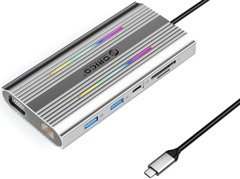 Orico XCR 12in1 RGB USB-C Docking Station 3x USB-A USB-C PD 100W HDMI 4K VGA RJ45 Gigabit SD and Micro SD Card Reader - Sidabrinis