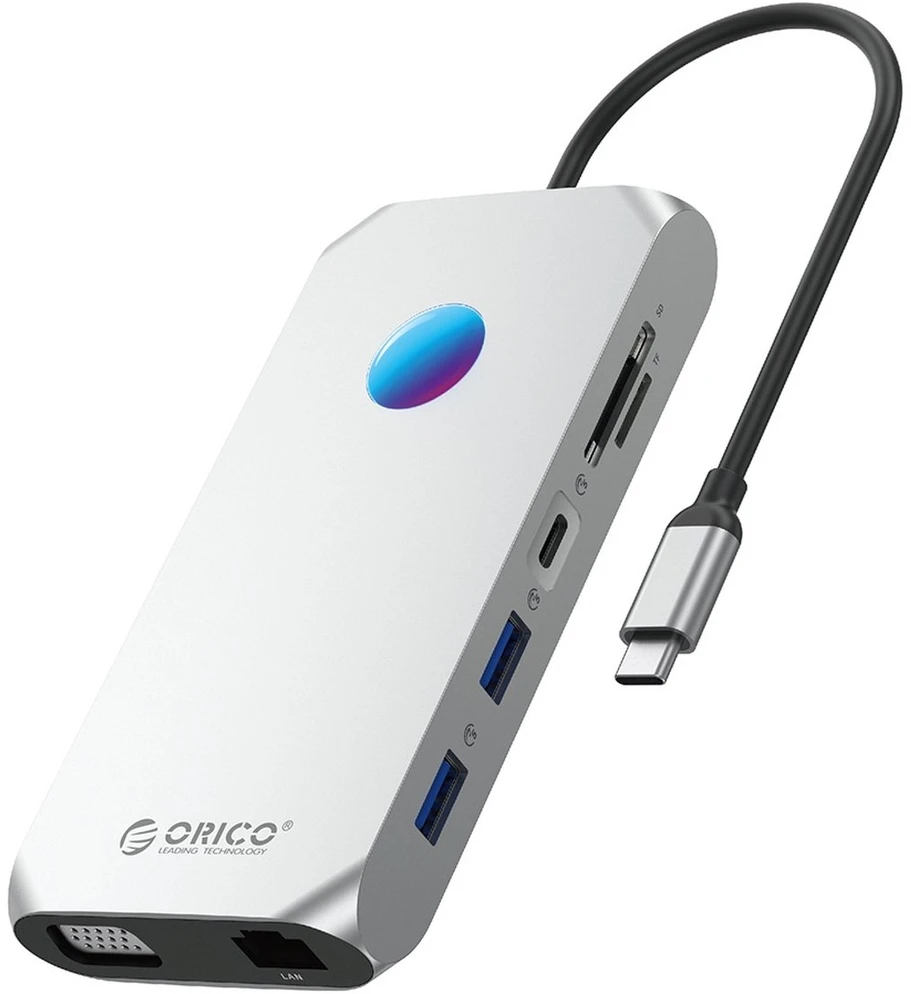 „Orico“ USB-C 12w1 RGB | 2x USB-A 3.1 | 1x USB-A 2.0 | USB-C PD 100W | 1x USB-C 3.1 | 2x HDMI 2.0 4K 60Hz | 1x VGA 1080p | 1x „Micro SD/SD 3.0“ | 1x RJ Gigabit | 1x Audio - pilka